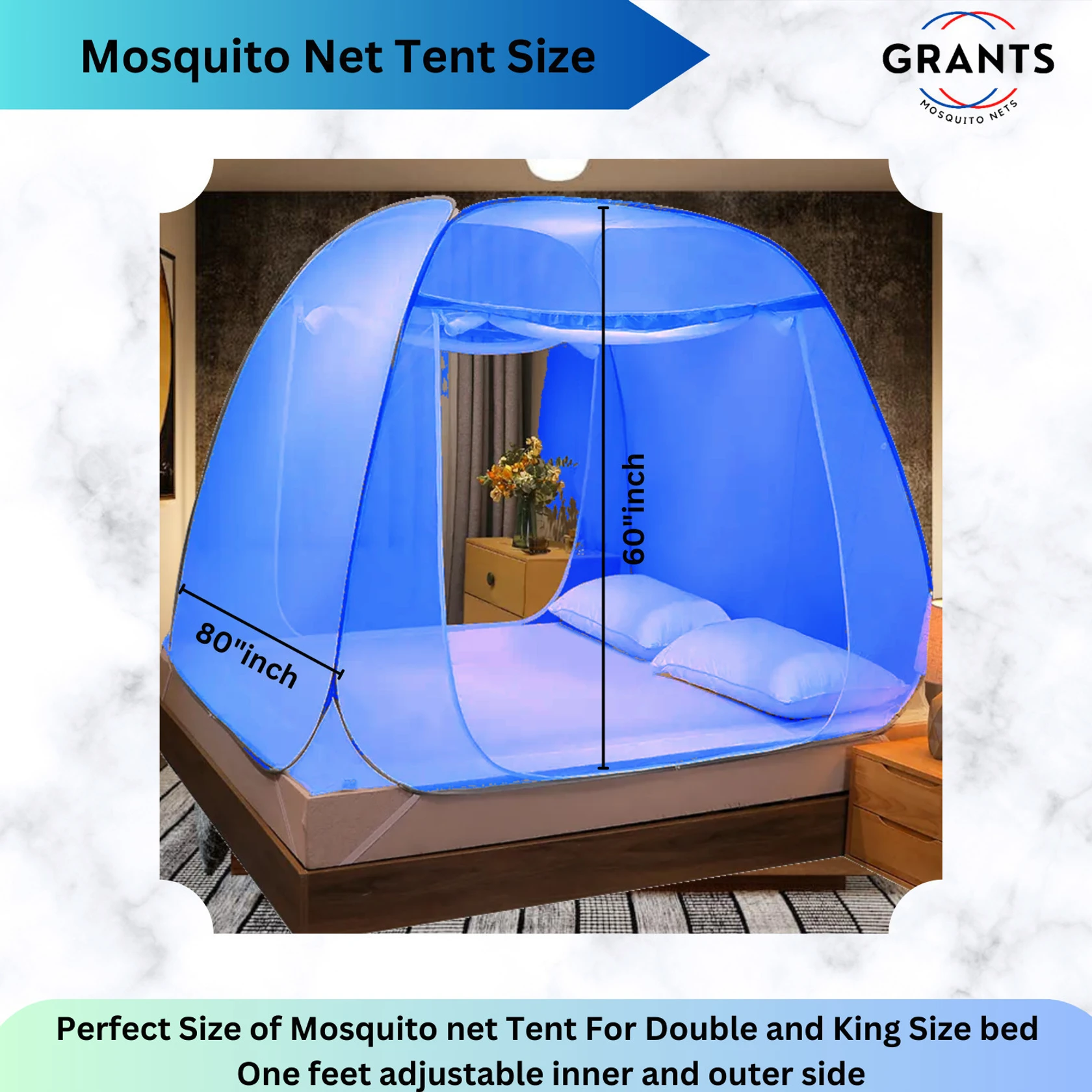 Grants Double and King size bed 6x6 6.5x6.5 7x7 ft Cotton Washable Adults Mosquito Net (Smooth Blue, Tent)